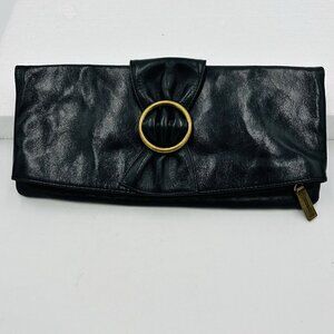 HOBO INTERNATIONAL Black Leather Fold-Over Clutch Bag Purse 11.25" Wide